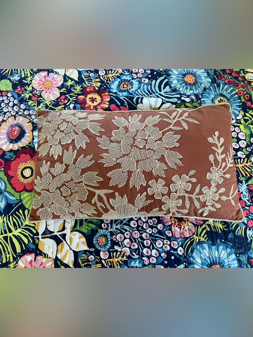 ELEMENTS Embroidered Floral Lumbar Pillow - Rust with Cream Floral Stitchin